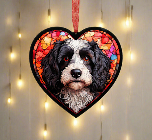 Cavapoo Black & White Stained Glass Effect Heart Suncatcher